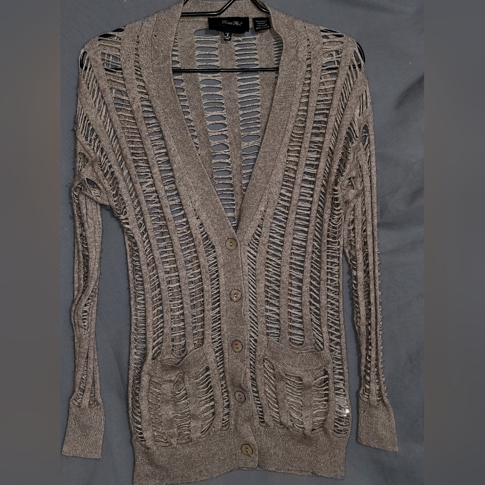 Miss Me Distressed Open-Weave Button Cardigan in Taupe
